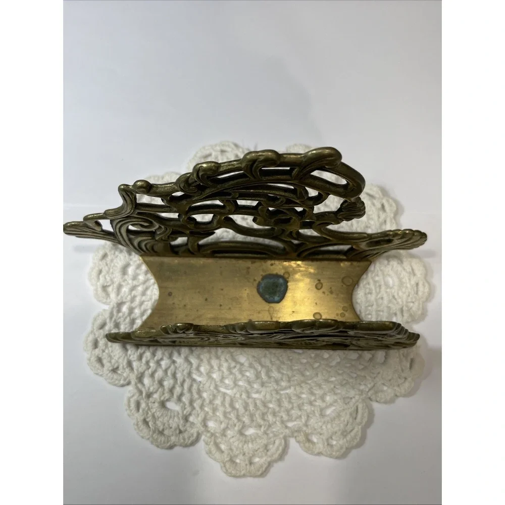 Vintage Solid Brass Napkin Letter Holder Art Ornate Teleflora 1983 Butterfly